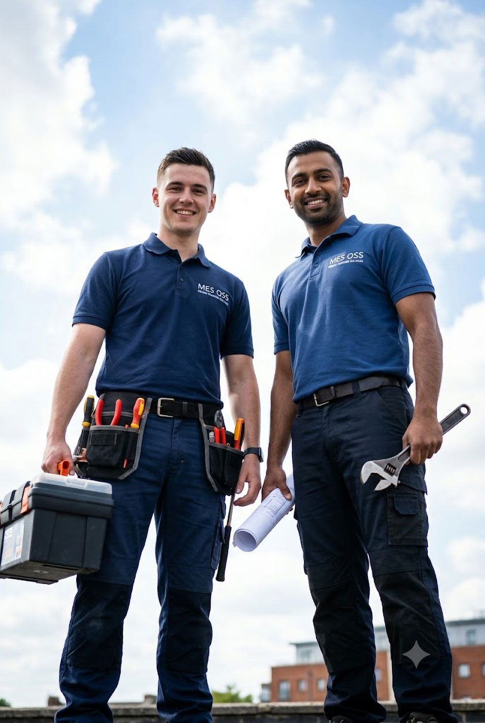 Service professionals reviewing a home maintenance request on a mobile device